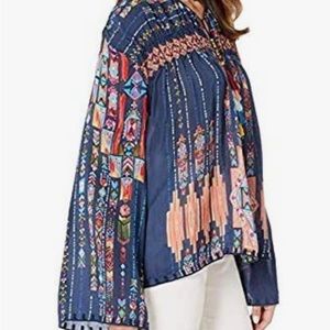 Johnny Was Womens Patterned Tie Neck Top Long Sleeve Blouse